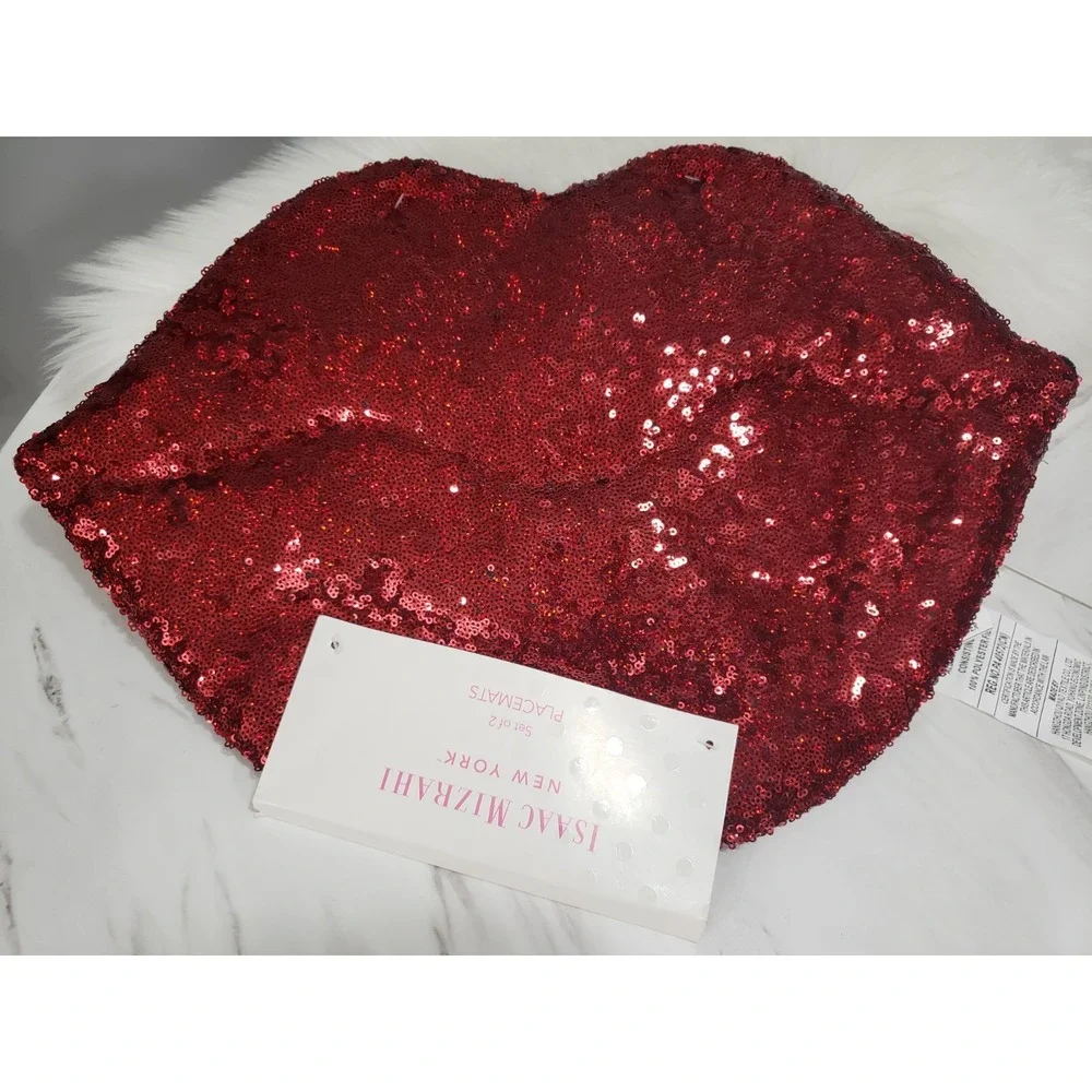 NEW Isaac Mizrahi PLACEMATS Valentine's‎ Red Sequin LIPS 18x13 Boudoir Decor